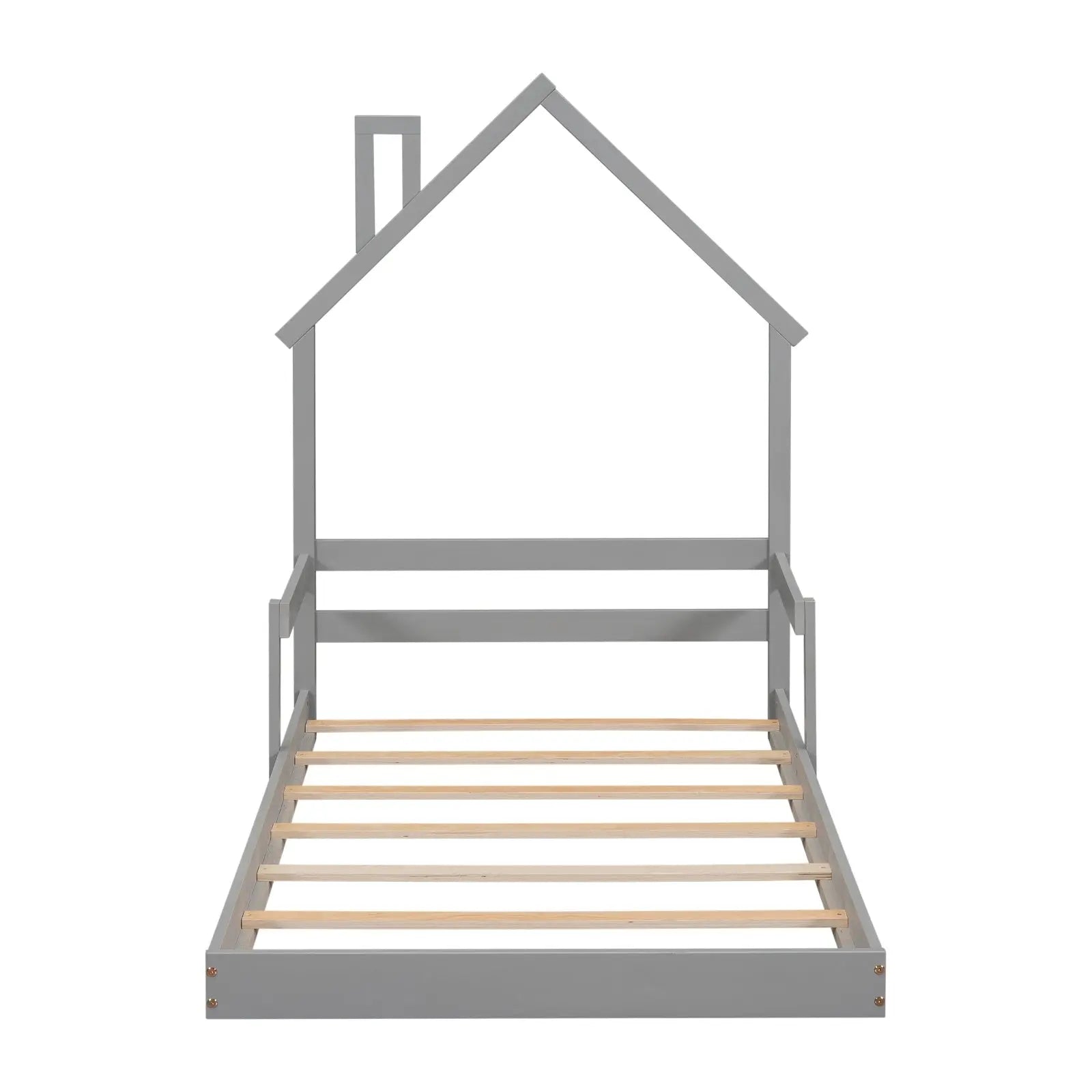 Twin House-Shaped Headboard Floor Bed With Handrails ,slats,Grey My Store