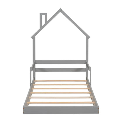 Twin House-Shaped Headboard Floor Bed With Handrails ,slats,Grey My Store