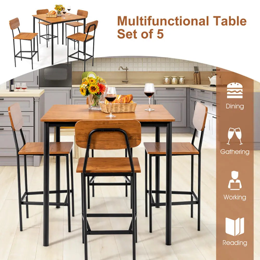 5 Pieces Industrial Dining Table Set With Counter Height Table And 4 Bar Stools My Store