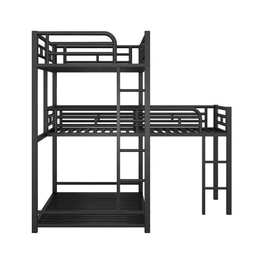 L-shaped Metal Triple Twin Size Bunk Bed, Black My Store