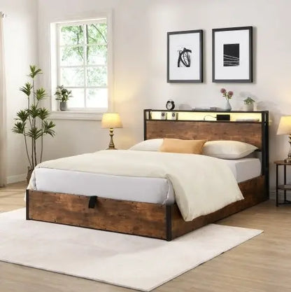 Wooden Platform Bed Frame With Lifting And Charging Station My Store