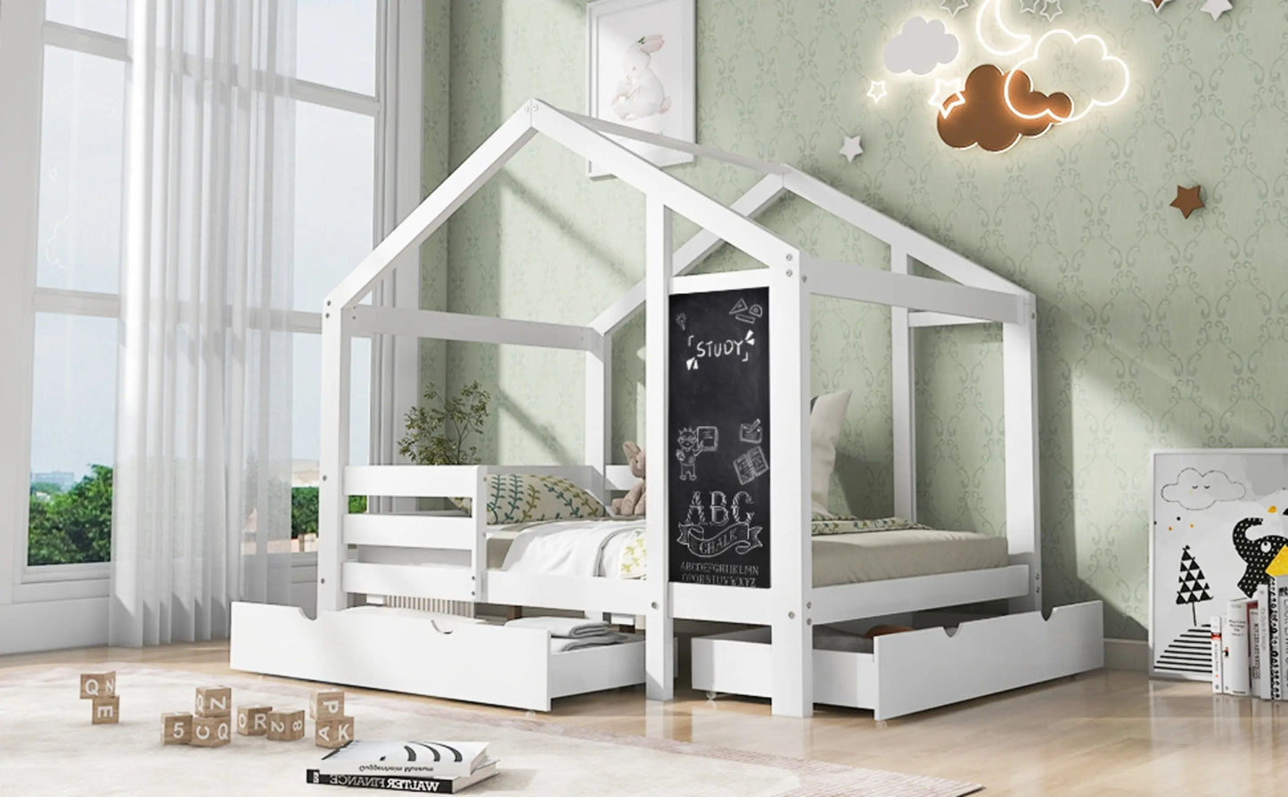 Twin House Bed With Blackboard And Drawers, Two Assembly Options, White My Store