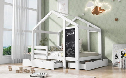 Twin House Bed With Blackboard And Drawers, Two Assembly Options, White My Store