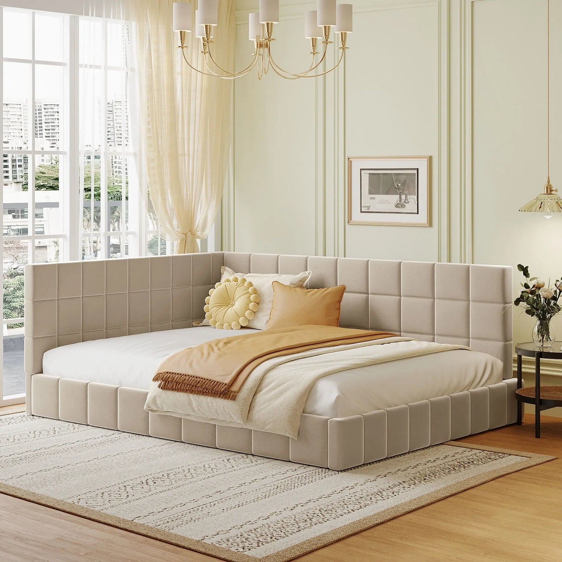 Full-size Upholstered Sofa Bed, Sofa Bed Frame - Beige, Velvet My Store