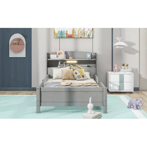 Wood Twin Size Platform Bed With Built-in LED Light, Storage Headboard And Guardrail, Antique Grey My Store