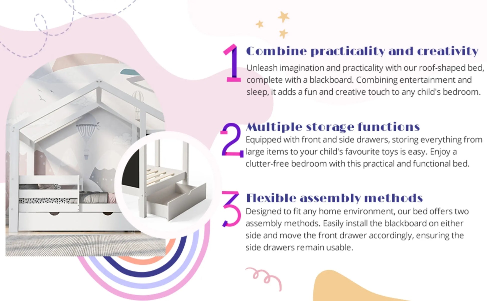 Twin House Bed With Blackboard And Drawers, Two Assembly Options, White My Store
