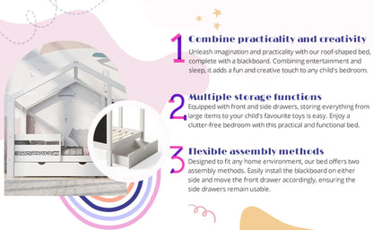 Twin House Bed With Blackboard And Drawers, Two Assembly Options, White My Store