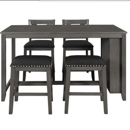 5 Pieces Counter Height Rustic Farmhouse Dining Room Wooden Bar Table Set With 2 Stools And 2 Chairs, Gray Inkedjoy