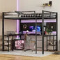 Full XL Metal Loft Bed With Desk And Shelves, Loft Bed With Ladder And Guardrails-Black My Store