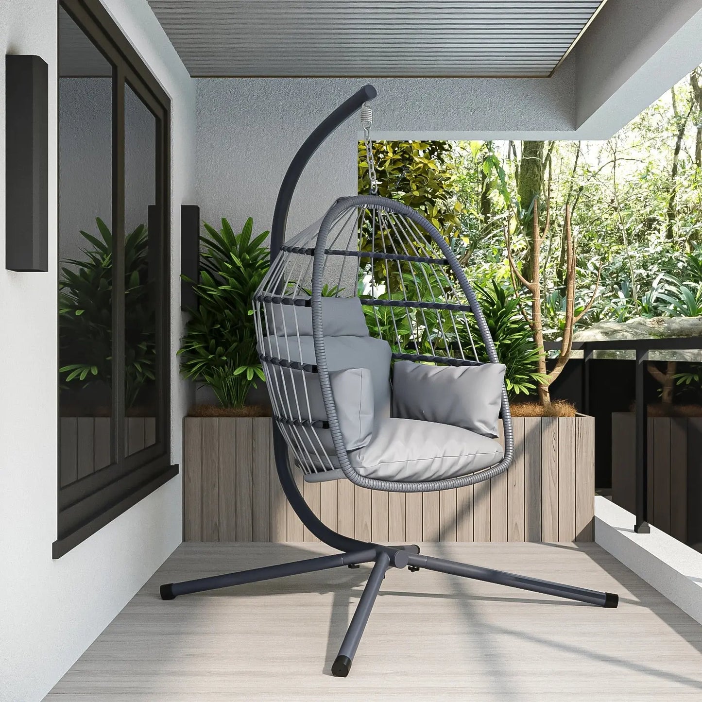 Patio Foldable Hanging Swing Chair With Stand Gray Color My Store
