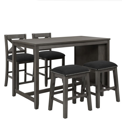 5 Pieces Counter Height Rustic Farmhouse Dining Room Wooden Bar Table Set With 2 Stools And 2 Chairs, Gray Inkedjoy