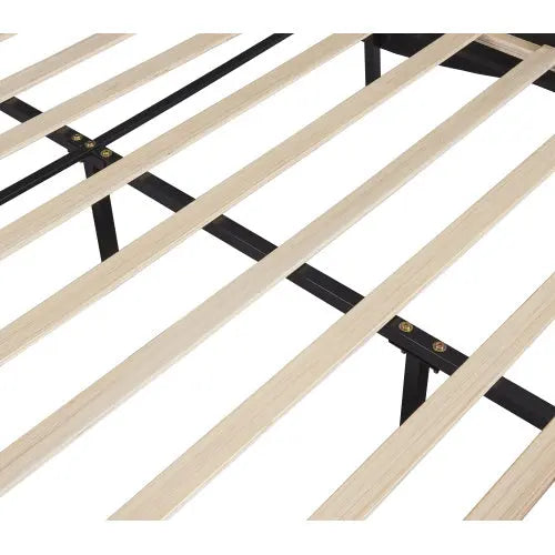 Full Size Upholstered Faux Leather Platform Bed With LED Light Bed Frame With Slatted - Black My Store