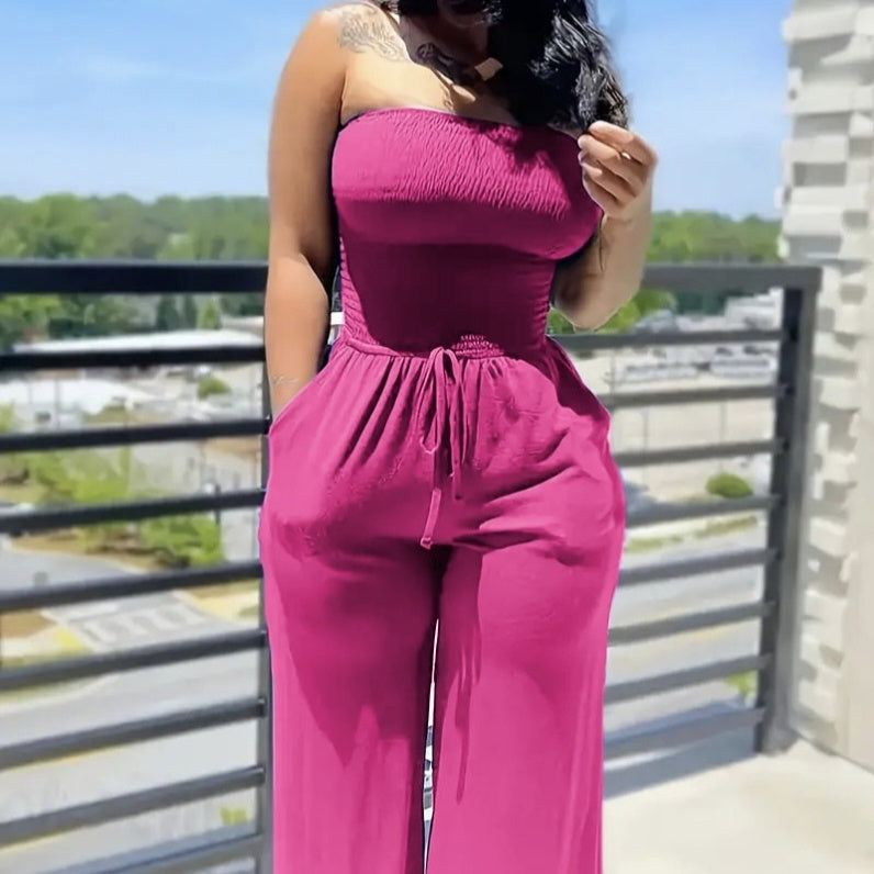 Ladies' Elegant Jumpsuit Solid Color Strapless Top Straight Leg Pants Sleeveless Loose Pants Inkedjoy