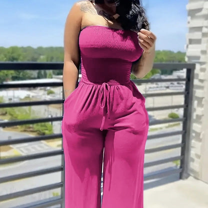Ladies' Elegant Jumpsuit Solid Color Strapless Top Straight Leg Pants Sleeveless Loose Pants Inkedjoy