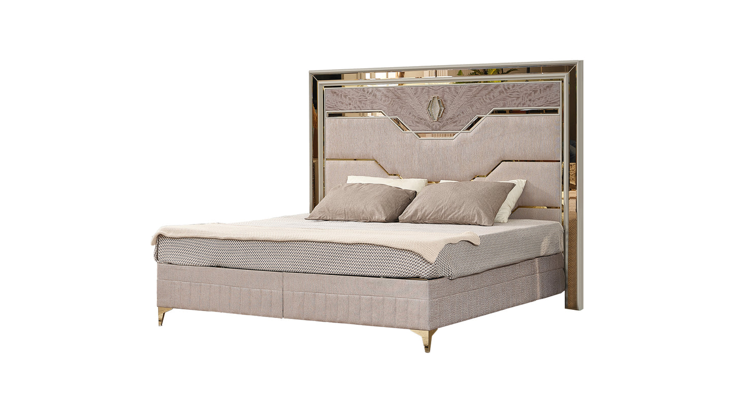 Modern 5 Piece King Size Upholstered Bedroom Set with Wood and Gold Accents in Beige - Ohberri