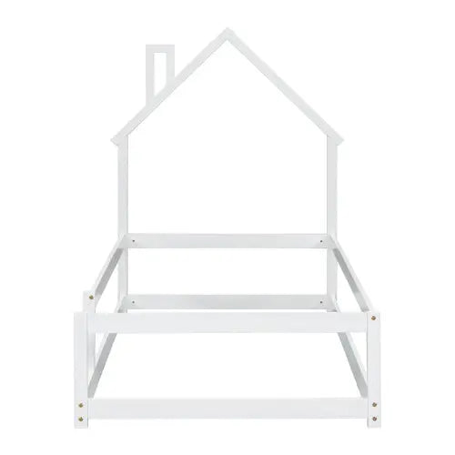 Twin Size Wood Bed With House-shaped Headboard Floor Bed With Fences,White My Store