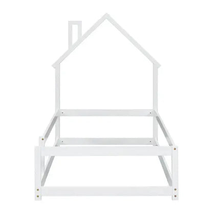 Twin Size Wood Bed With House-shaped Headboard Floor Bed With Fences,White My Store