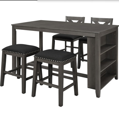 5 Pieces Counter Height Rustic Farmhouse Dining Room Wooden Bar Table Set With 2 Stools And 2 Chairs, Gray Inkedjoy