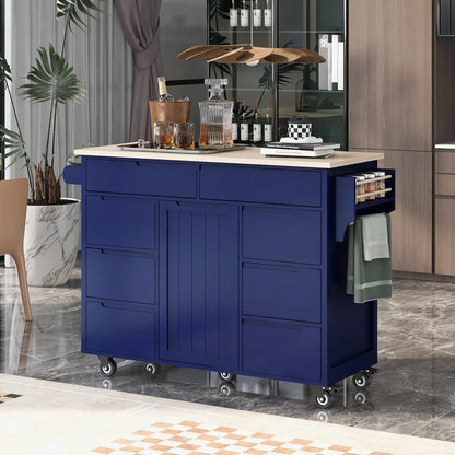 K&K Store Kitchen Cart With Rubber Wood Top, 8 Handle-Free Drawers My Store