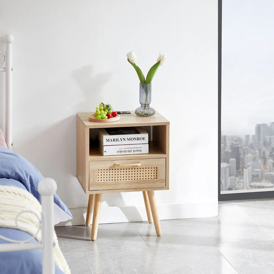 15.75  Rattan End Table With Power Outlet, USB Ports, Drawer   Solid Wood My Store