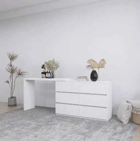 Extended Desktop 6 Drawers Chest Of Drawer Without Handle White Color Vanity My Store