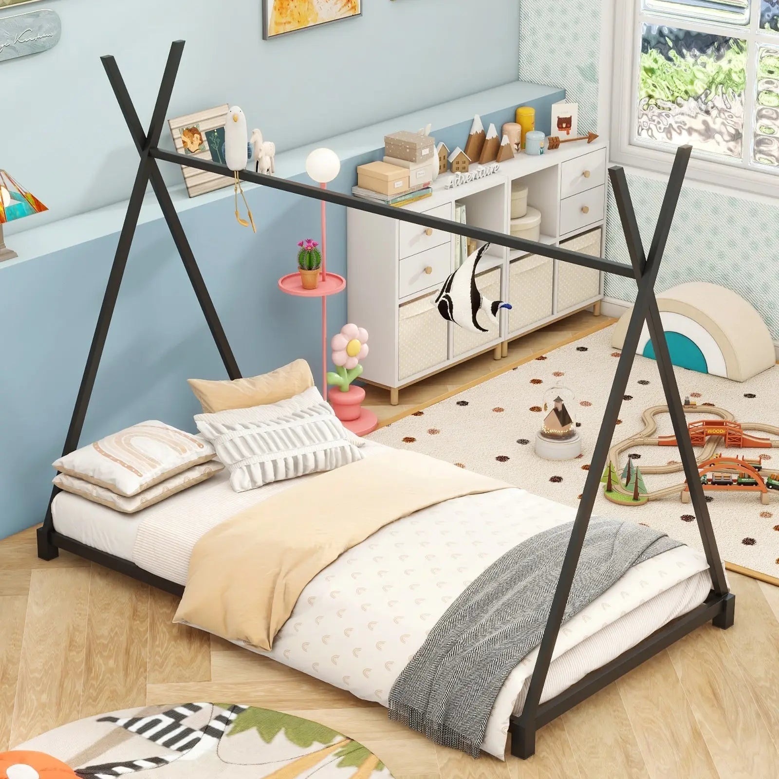 Metal Twin Size House Platform Bed With Triangle Structure, Black My Store