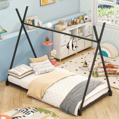 Metal Twin Size House Platform Bed With Triangle Structure, Black My Store