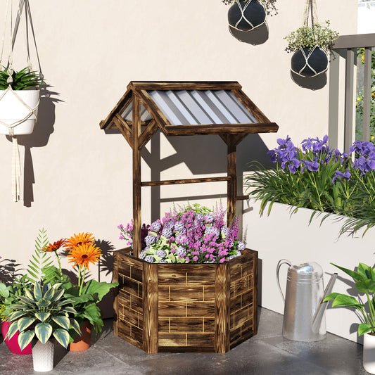 Wooden Wishing Well Planter, Raised Garden Bed With Galvanized Canopy-Tan Inkedjoy
