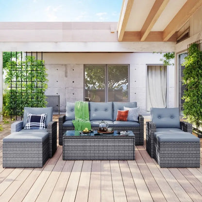 6-Piece All-Weather Wicker PE Rattan Patio Dining Set With Coffee Table My Store