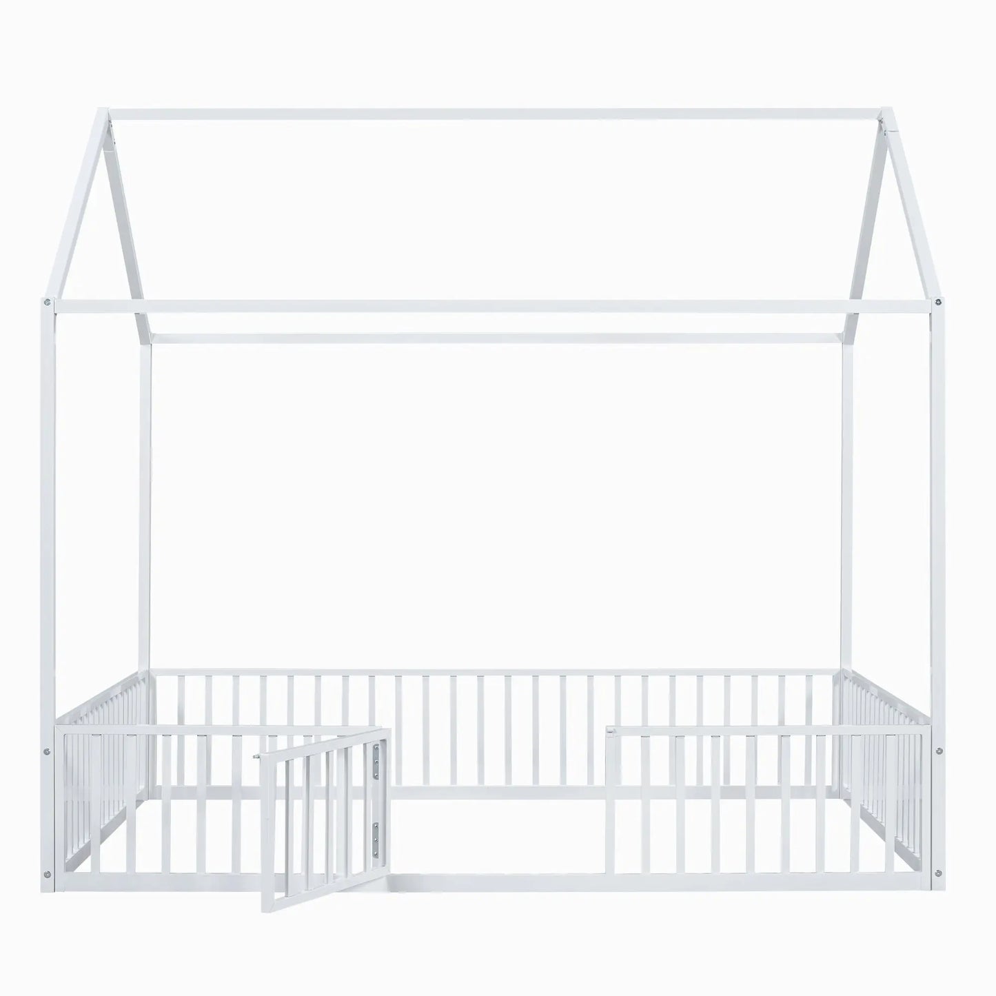 Full Size Metal House Bed With Fence And Door, White My Store