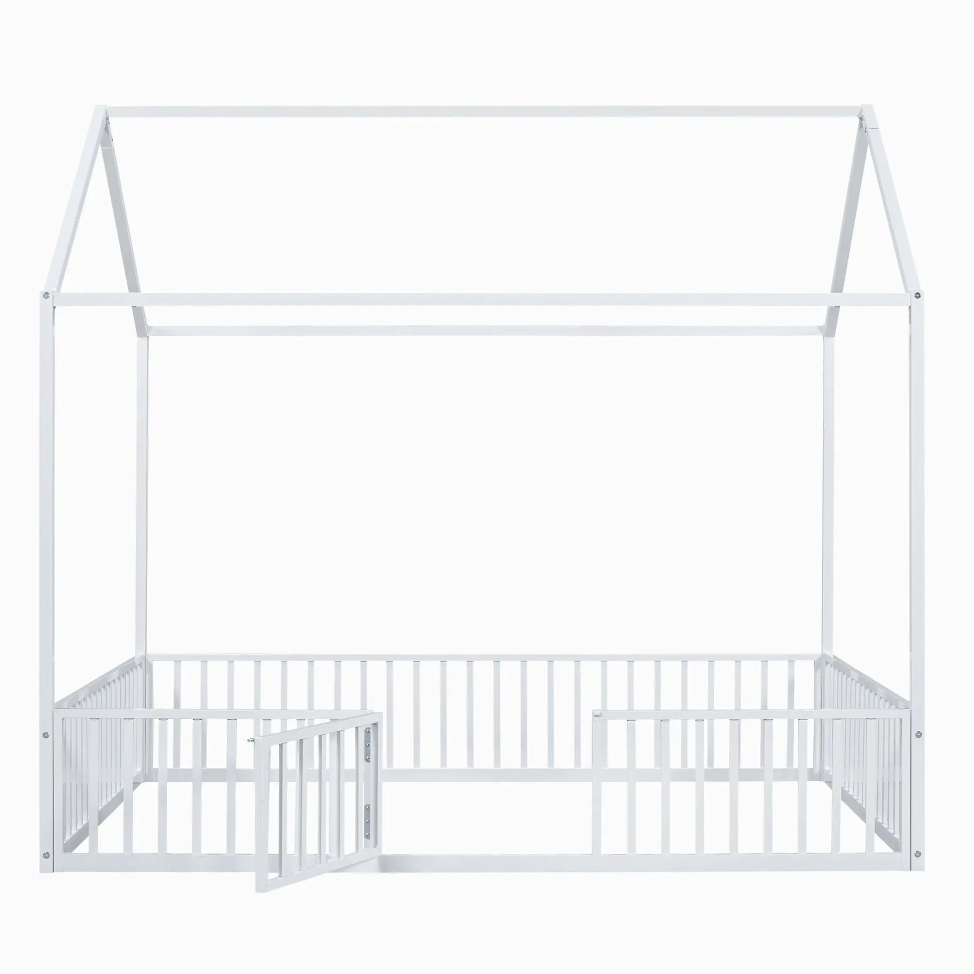 Full Size Metal House Bed With Fence And Door, White My Store