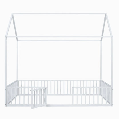Full Size Metal House Bed With Fence And Door, White My Store