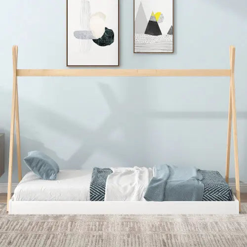 Twin Size Tent Floor Bed With Triangle Structure, White Natural My Store