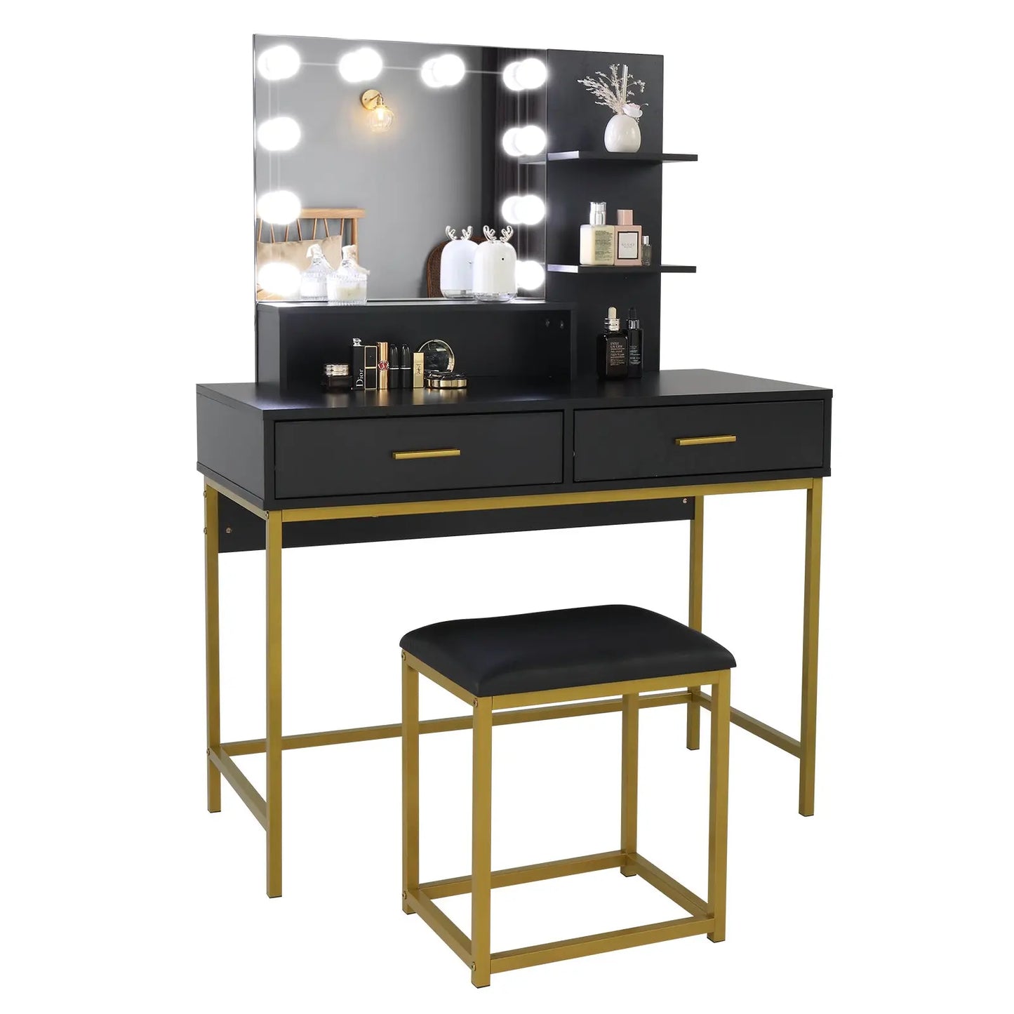 Black, Particleboard, Steel Frame, Two-drawer, Three-tier Shelf, Dressing Table Set, Three-tone Light, Light Luxury My Store
