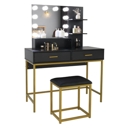 Black, Particleboard, Steel Frame, Two-drawer, Three-tier Shelf, Dressing Table Set, Three-tone Light, Light Luxury My Store