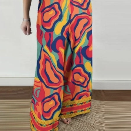 Ladies' Printed V-neck Fashionable Casual Jumpsuit Inkedjoy