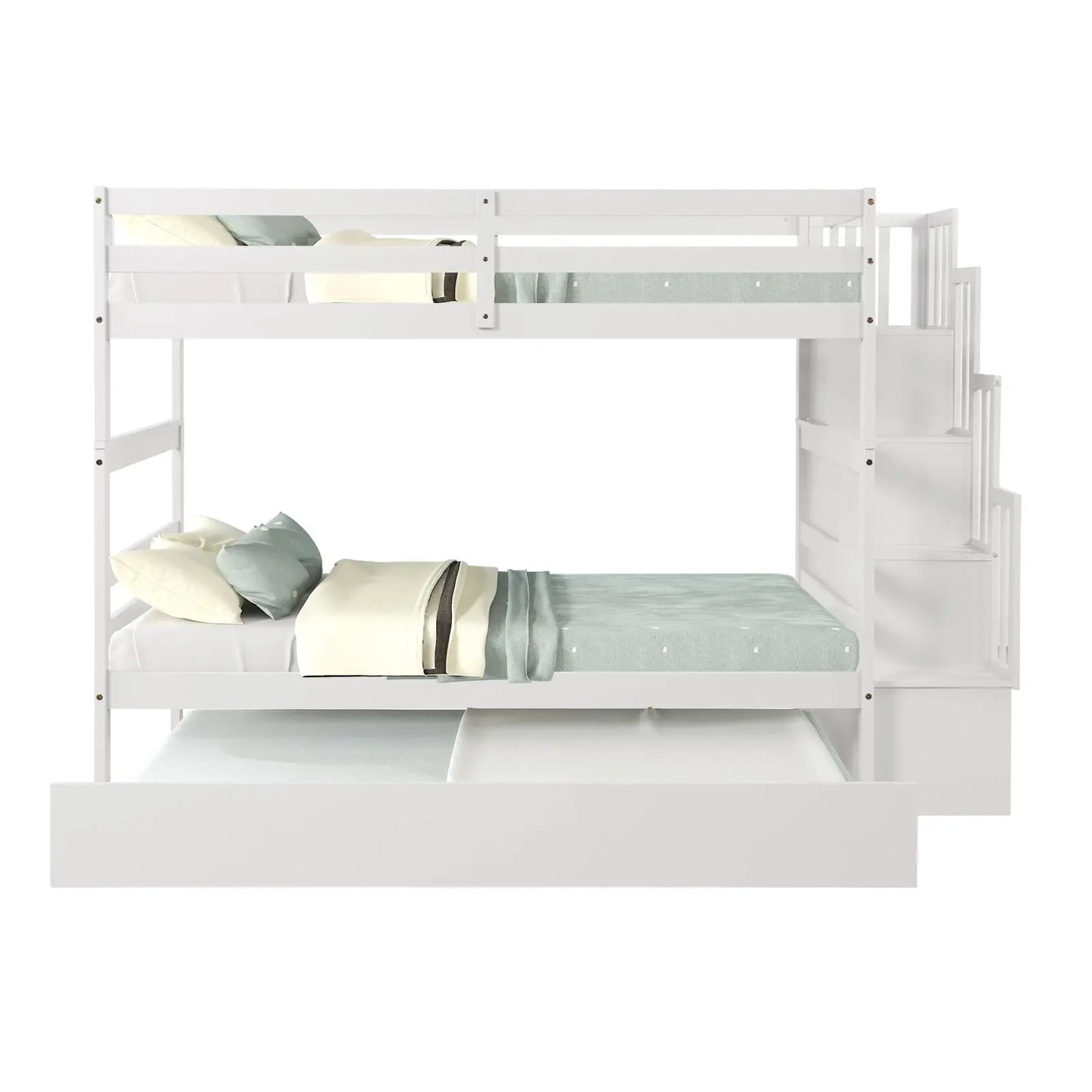 Twin Bunk Beds With Trundle & Stairway Storage In White Siesta