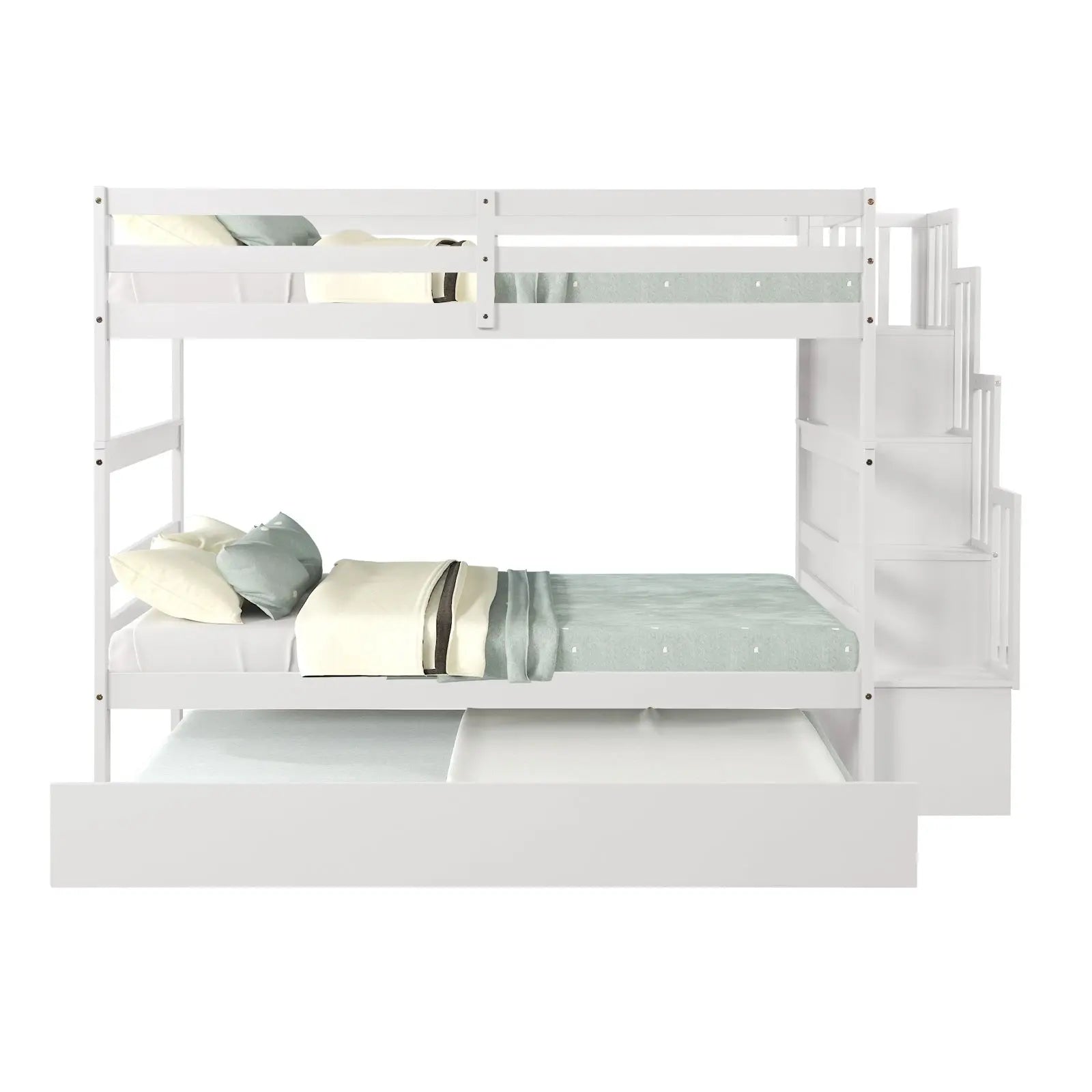 Twin Bunk Beds With Trundle & Stairway Storage In White Siesta