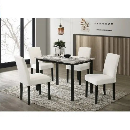 White Color Wool Fabric Chairs Faux Marble Top Table 5pc Dining Set Kitchen Dinette Cushions Upholstered 4x Chairs Dining Room My Store