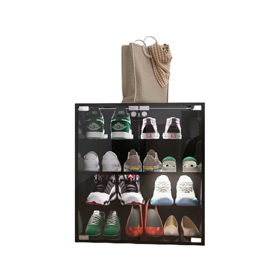 4-Layer Black Shoe Cabinet With Glass Door, LED Light Display Inkedjoy