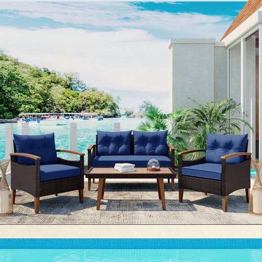 4-Piece Garden Furniture, Patio Seating Set, PE Rattan Outdoor Sofa Set, Wood Table And Legs, Brown And Blue Inkedjoy