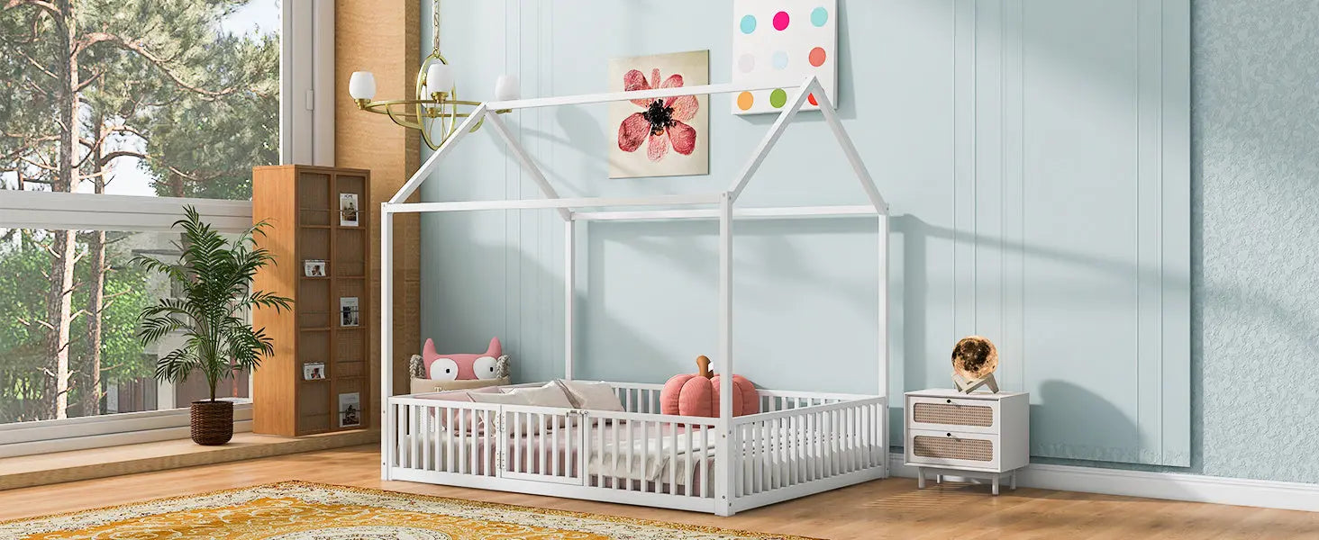 Full Size Metal House Bed With Fence And Door, White My Store