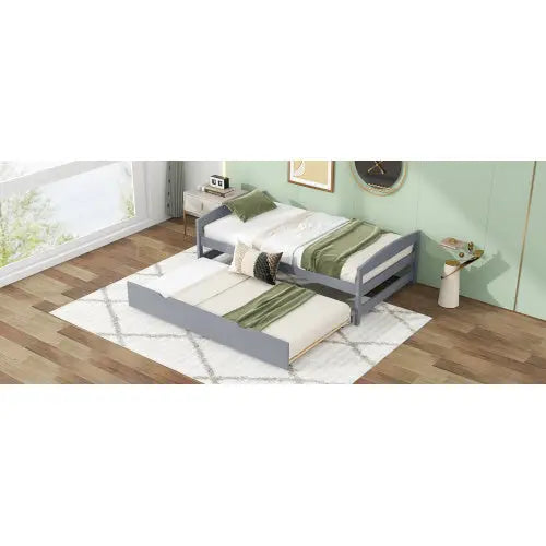Twin Size Platform Bed With Twin Size Trundle, Gray My Store