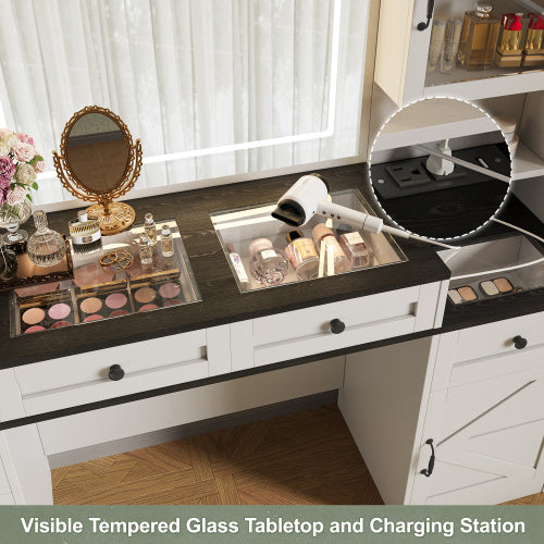 Farmhouse Vanity Desk With Mirror And LED Lights With 5 Drawers And 4 Cabinets And Cushion Stool Inkedjoy