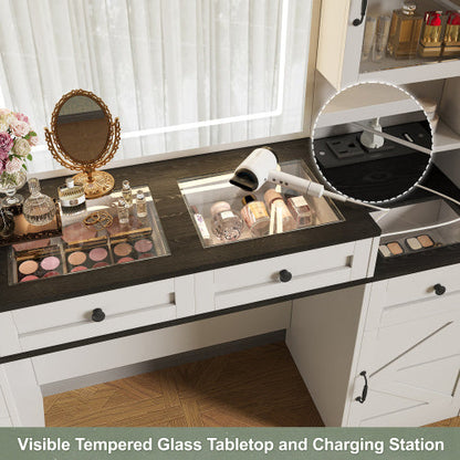 Farmhouse Vanity Desk With Mirror And LED Lights With 5 Drawers And 4 Cabinets And Cushion Stool Inkedjoy