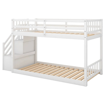 Twin Over Twin Floor Bunk Bed, Ladder With Storage, White My Store