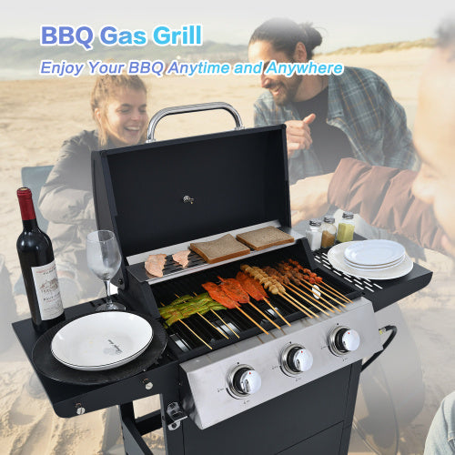 Propane Gas Grill 3 Burner Barbecue Grill, Stainless Steel With Two Shelves, Lid, Wheels And Bottle Opener Inkedjoy