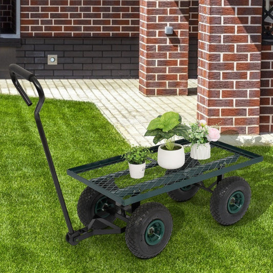Iron Wood Green Garden Cart With Four Wheels Inkedjoy