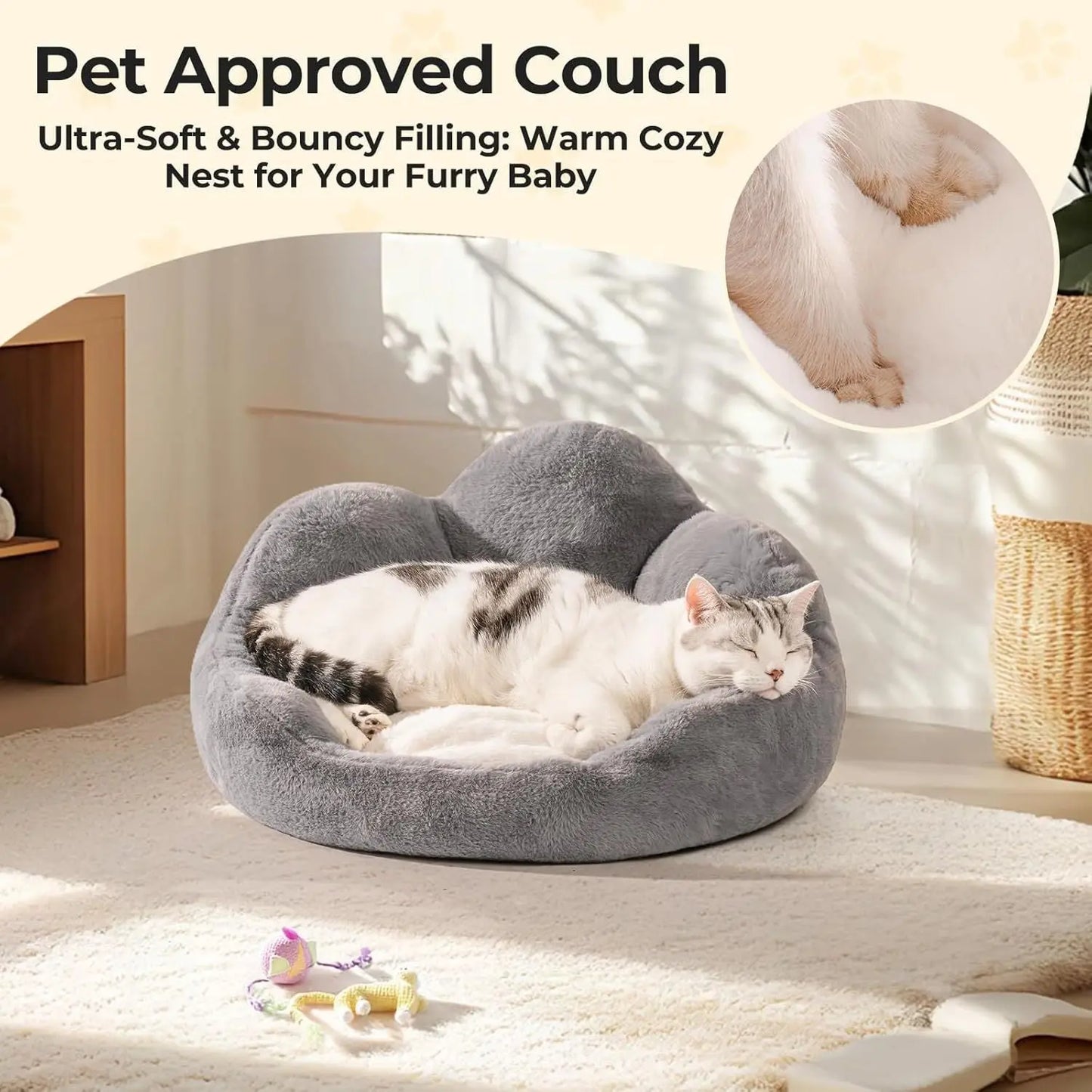 MEWOOFUN Cat Bed And Small Dog Bed, Fluffy Dog Bed Washable Cat Couch Bed, Cute Cat Bed For Indoor Cats, Flower Cat Sofa Bed With Non Slip Bottom, Pet Bed For Puppy And Kitten Grey, 23 My Store