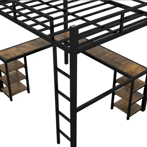 Full Metal Loft Bed With Desk And Shelves, Loft Bed With Ladder And Guardrails, Loft Bed Frame For Bedroom My Store